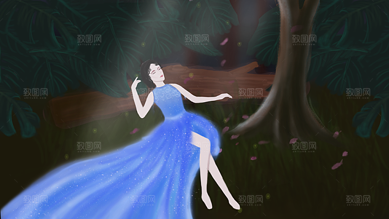 卡通手绘人物仙境主题插画