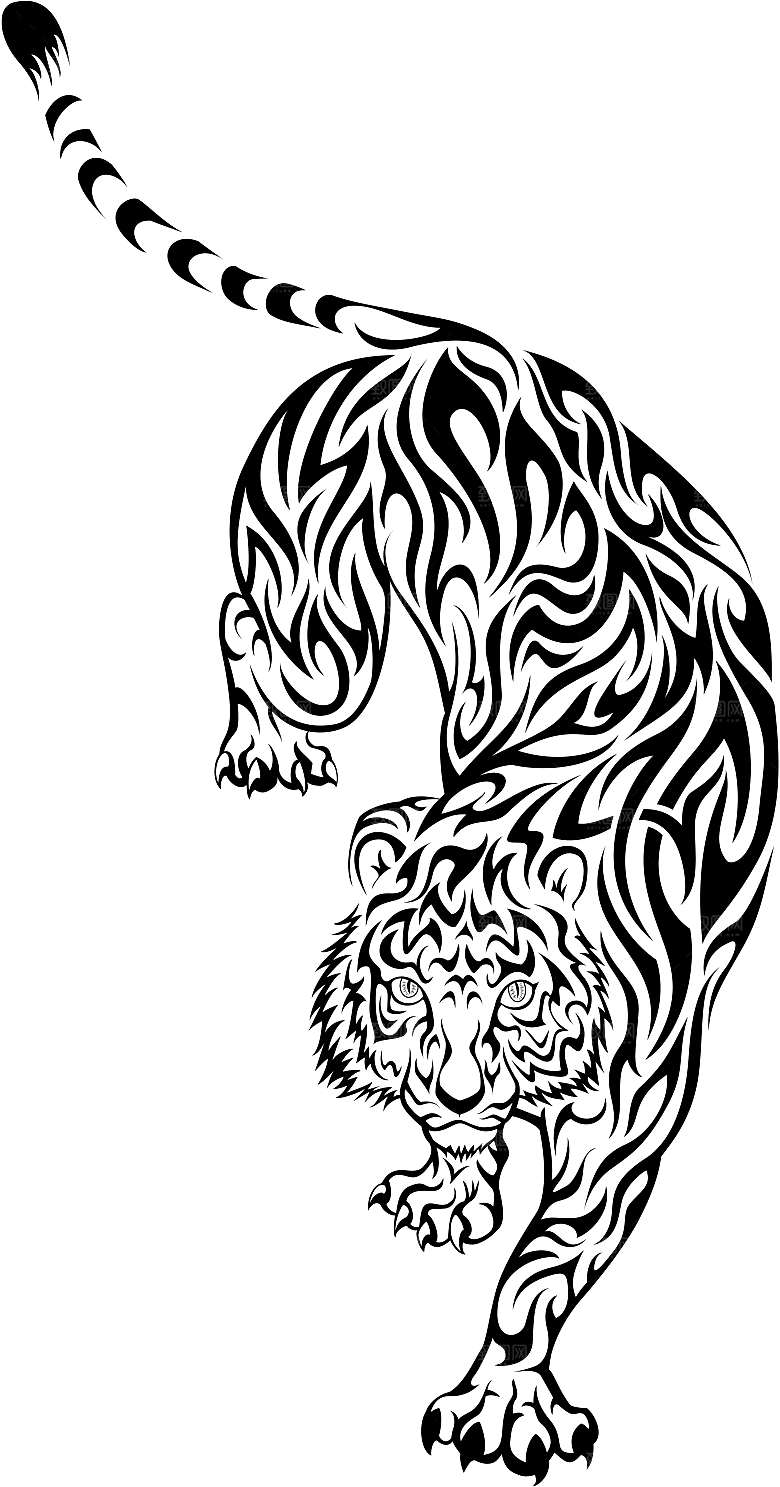 卡通水墨工笔画白描虎头老虎猛虎动物PNG