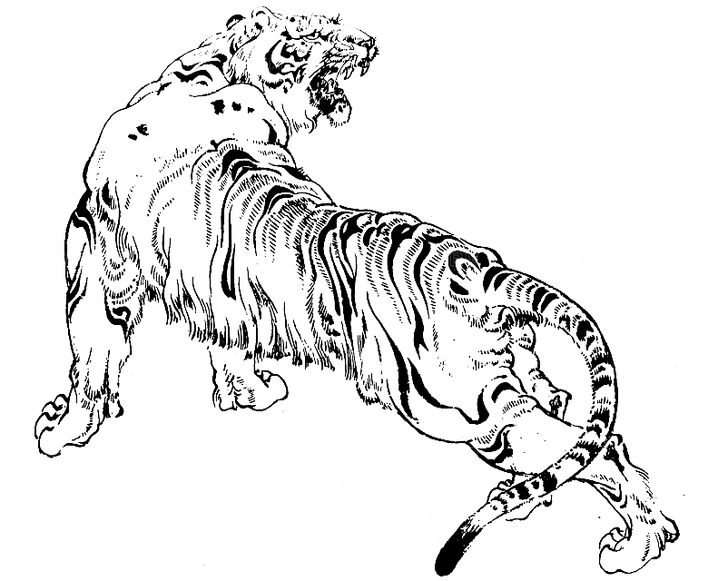 卡通水墨工笔画白描虎头老虎猛虎动物PNG
