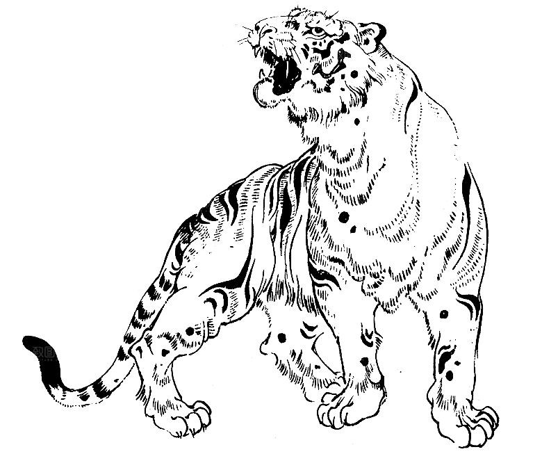 卡通水墨工笔画白描虎头老虎猛虎动物PNG