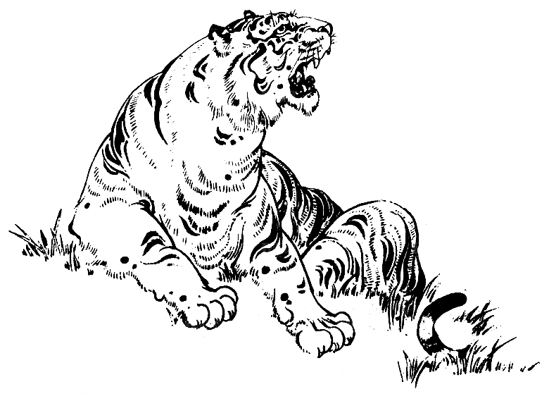 卡通水墨工笔画白描虎头老虎猛虎动物PNG