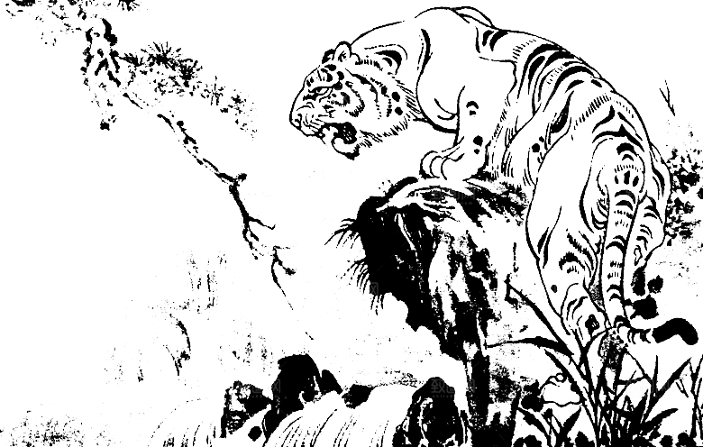 卡通水墨工笔画白描虎头老虎猛虎动物素材