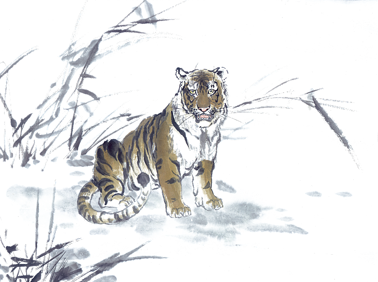 卡通水墨工笔画白描虎头老虎猛虎动物素材