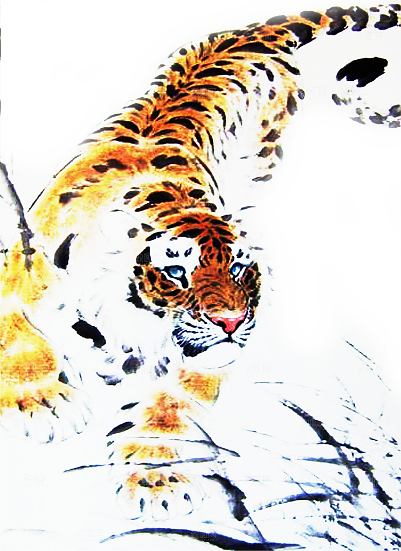 卡通水墨工笔画白描虎头老虎猛虎动物素材