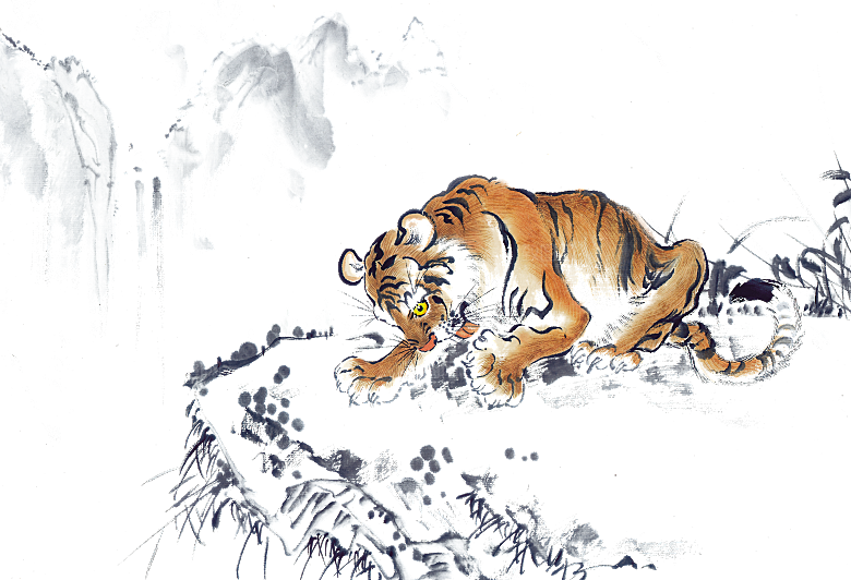 卡通水墨工笔画白描虎头老虎猛虎动物素材