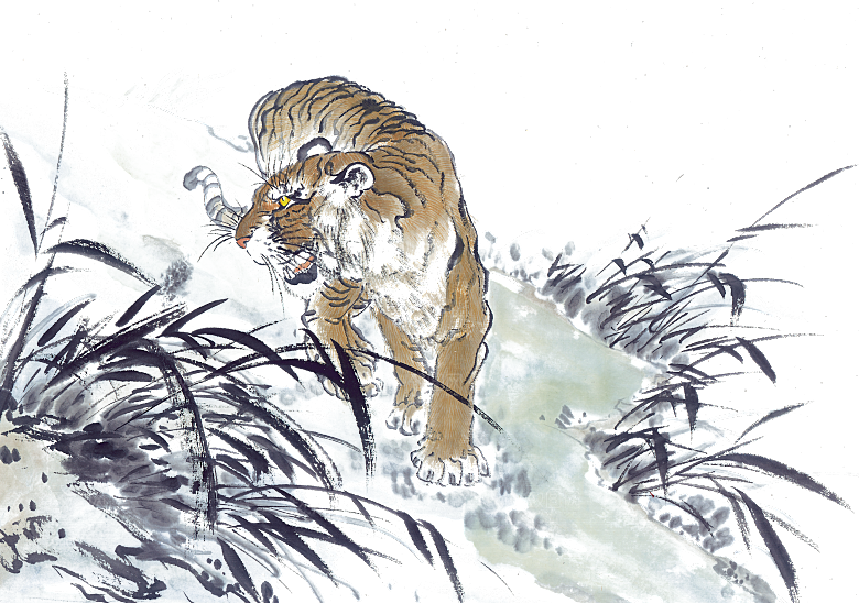 卡通水墨工笔画白描虎头老虎猛虎动物素材