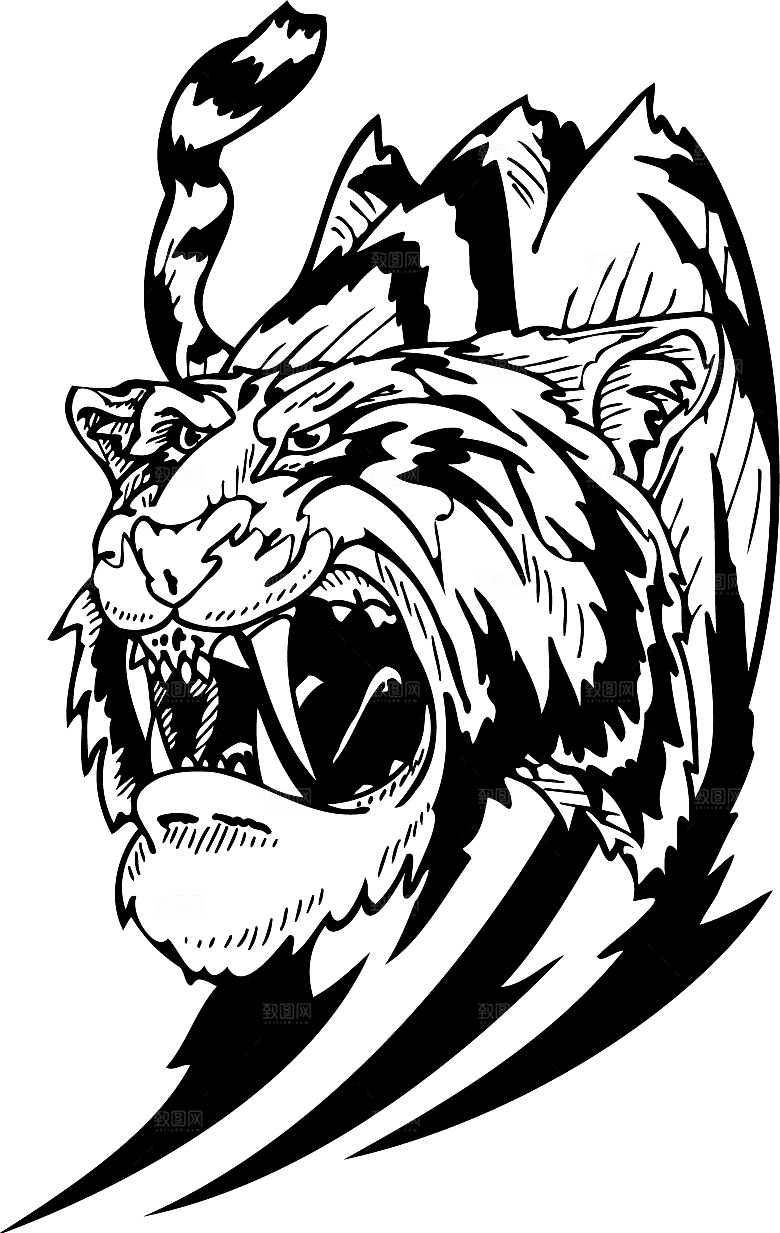 卡通水墨工笔画白描虎头老虎猛虎动物素材