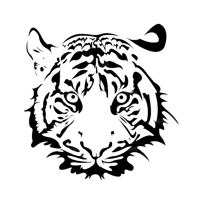 卡通水墨工笔画白描虎头老虎猛虎动物