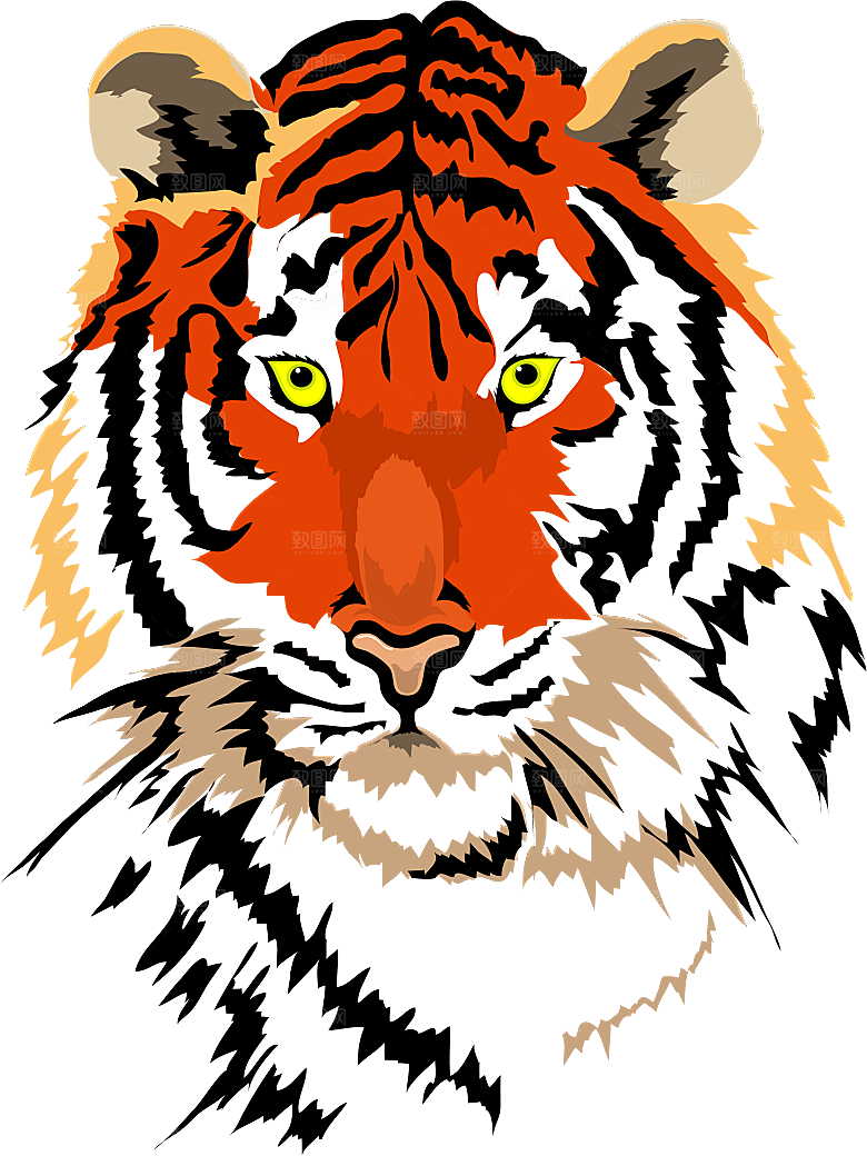 卡通水墨工笔画白描虎头老虎猛虎动物