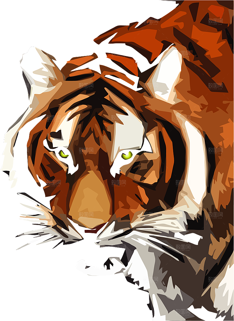 卡通水墨工笔画白描虎头老虎猛虎动物