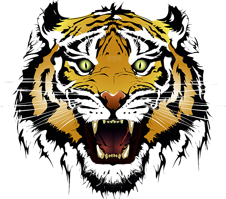 卡通水墨工笔画白描虎头老虎猛虎动物