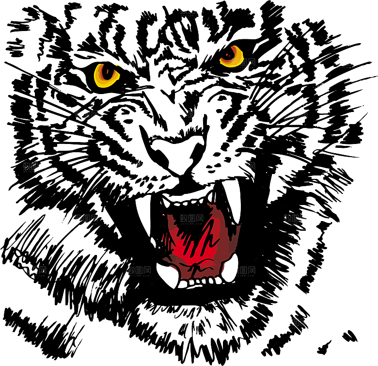 卡通水墨工笔画白描虎头老虎猛虎动物PNG