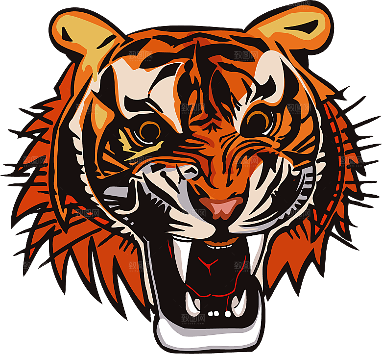 卡通水墨工笔画白描虎头老虎猛虎动物PNG