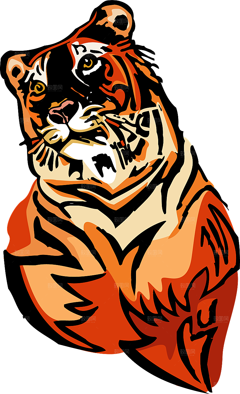 卡通水墨工笔画白描虎头老虎猛虎动物PNG