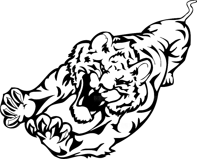 卡通水墨工笔画白描虎头老虎猛虎动物PNG