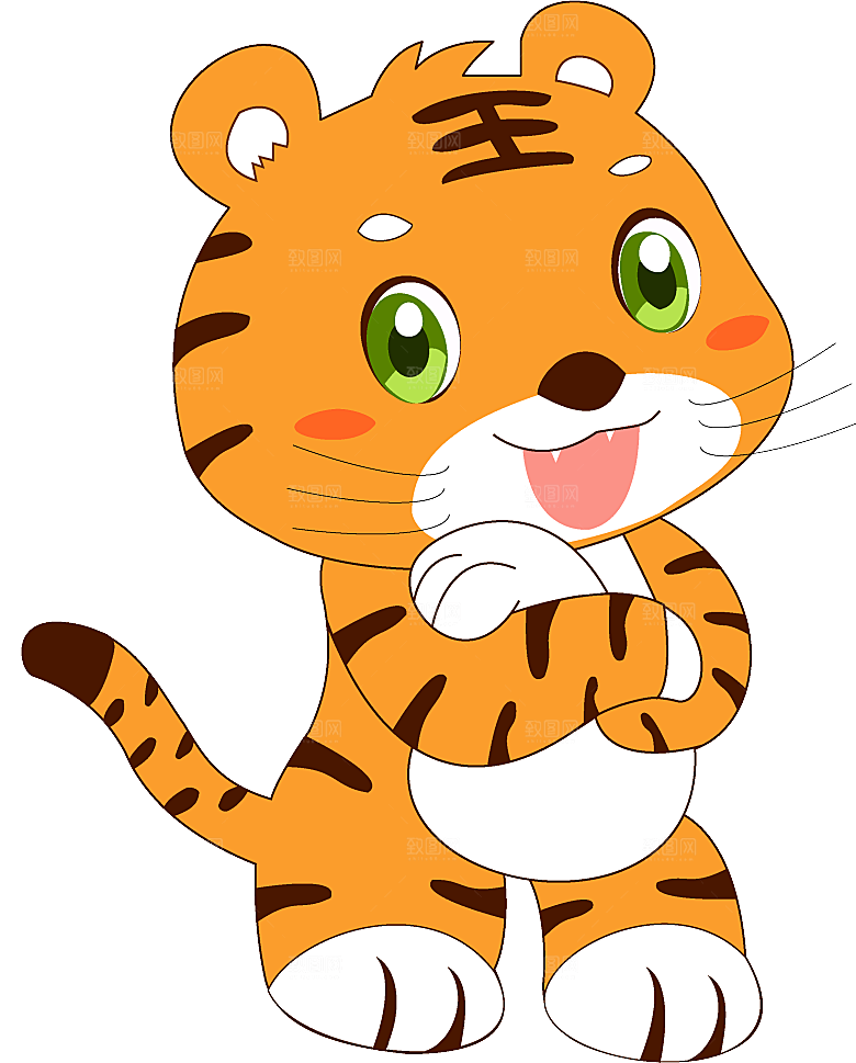 卡通水墨工笔画白描虎头老虎猛虎动物PNG