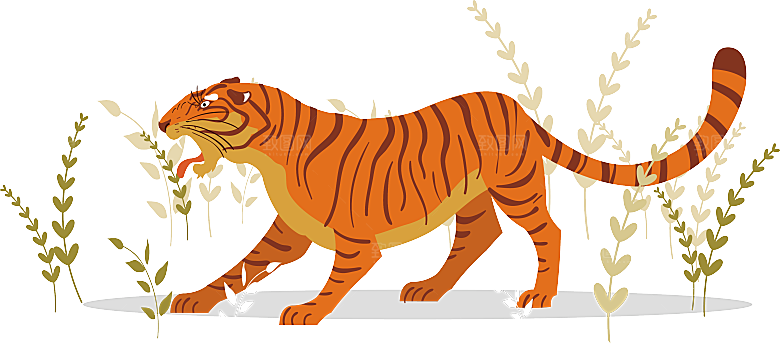 卡通水墨工笔画白描虎头老虎猛虎动物PNG