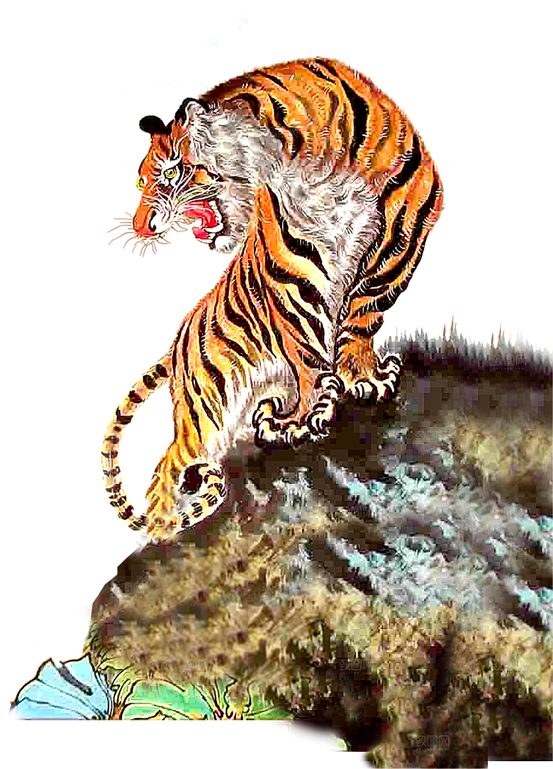 卡通水墨工笔画白描虎头老虎猛虎动物素材