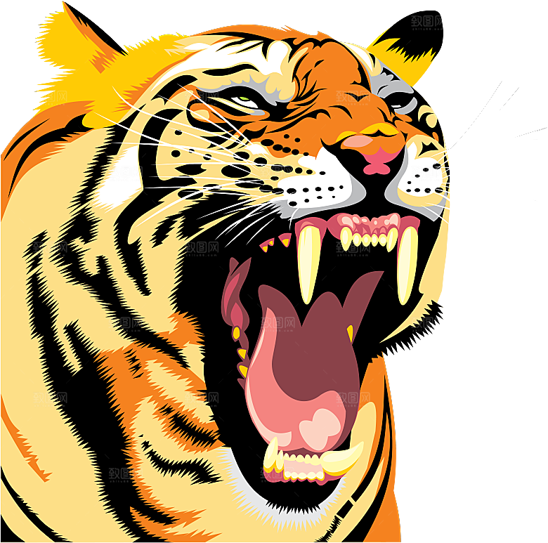 卡通水墨工笔画白描虎头老虎猛虎动物PNG