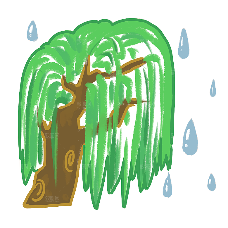 春天绿色春季水墨柳树柳枝柳条柳叶海报插画