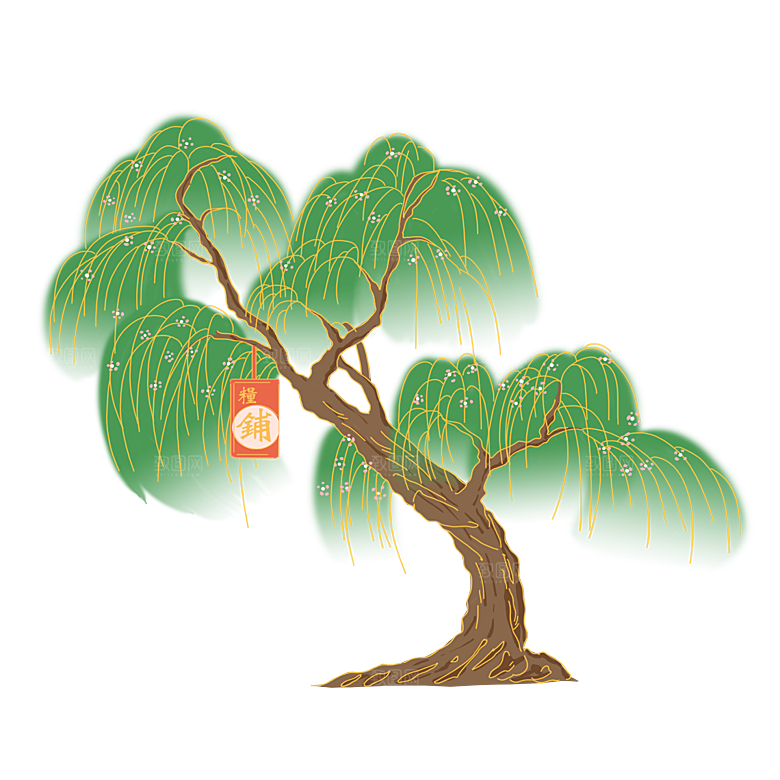 春天绿色春季水墨柳树柳枝柳条柳叶海报插画