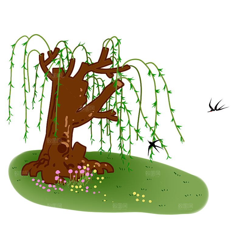 春天绿色春季水墨柳树柳枝柳条柳叶海报插画