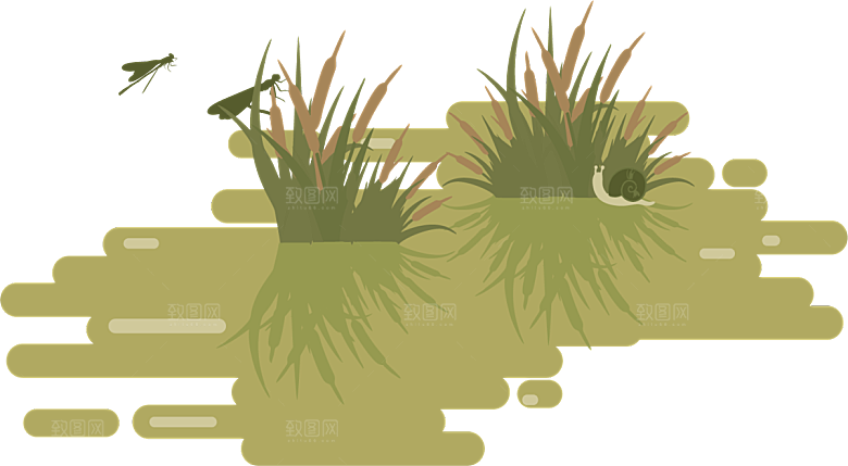 浪漫唯美手绘芦苇香蒲草丛植物PNG元素