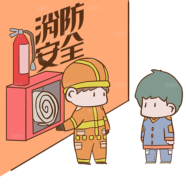 卡通消防人员车辆灭火器消防器材防火安全图