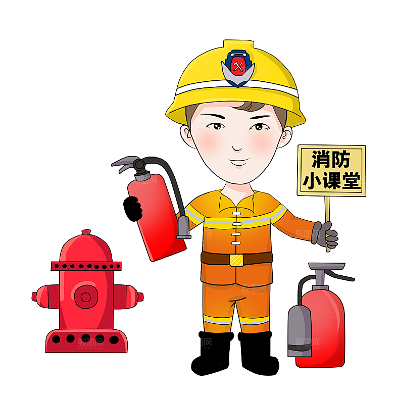 卡通消防人员车辆灭火器消防器材防火安全图
