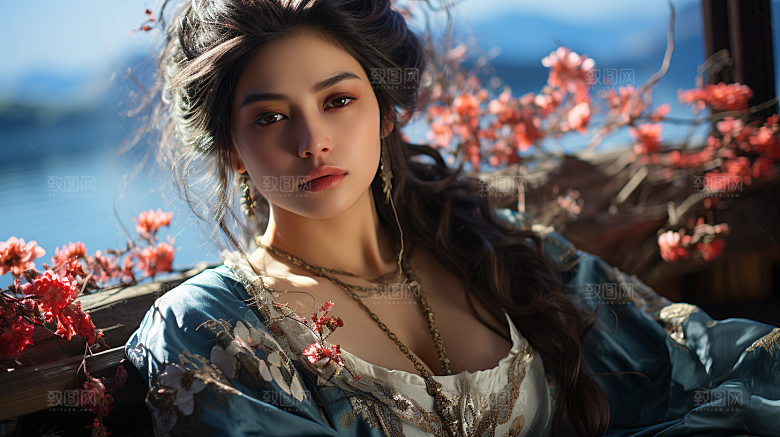 山水间的青衣美女