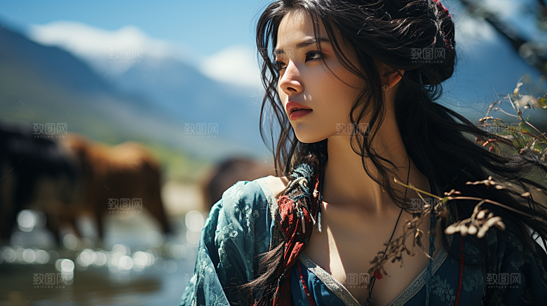山水间的青衣美女