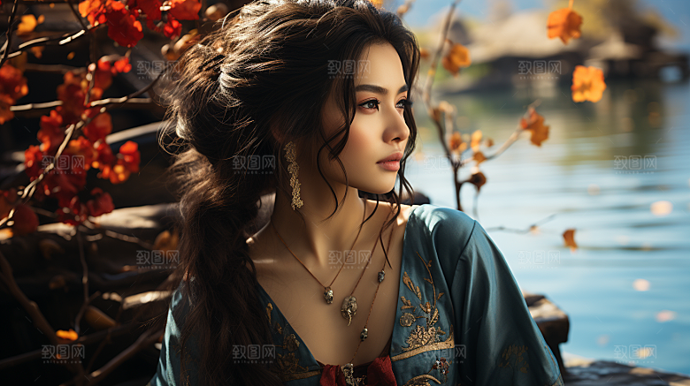 山水间的青衣美女