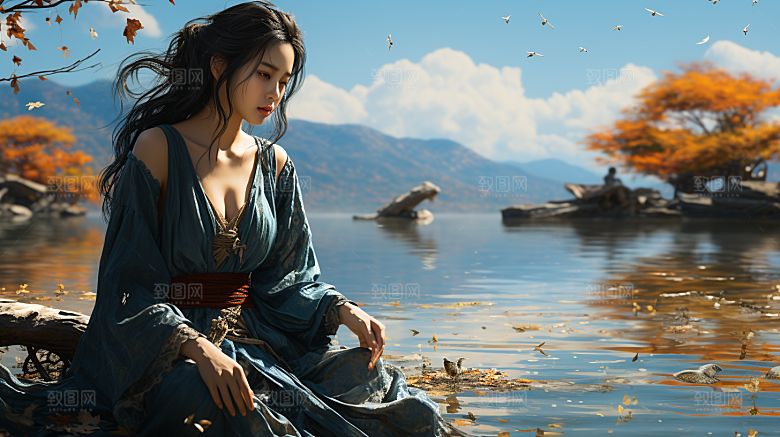山水间的青衣美女