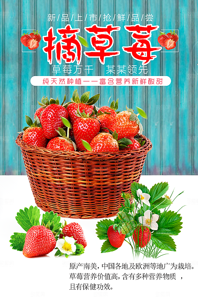 新鲜现摘草莓海报