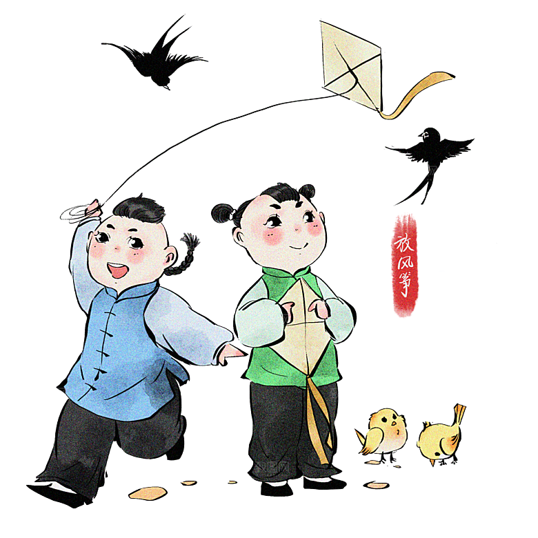 卡通人物儿童放风筝纸鸢春天踏青psd素材