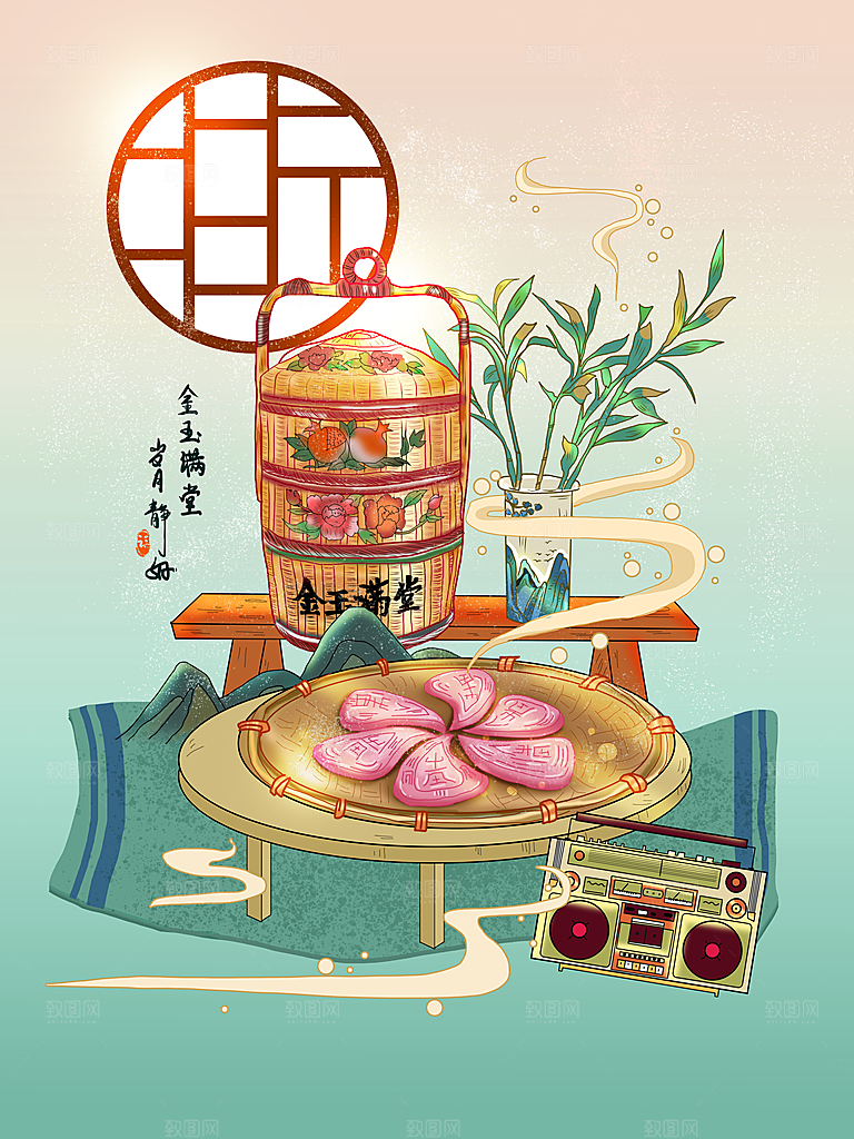 国潮静物复古山水琵琶乐器国风线性场景海报