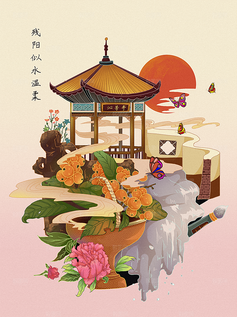 国潮静物复古山水琵琶乐器国风线性场景海报