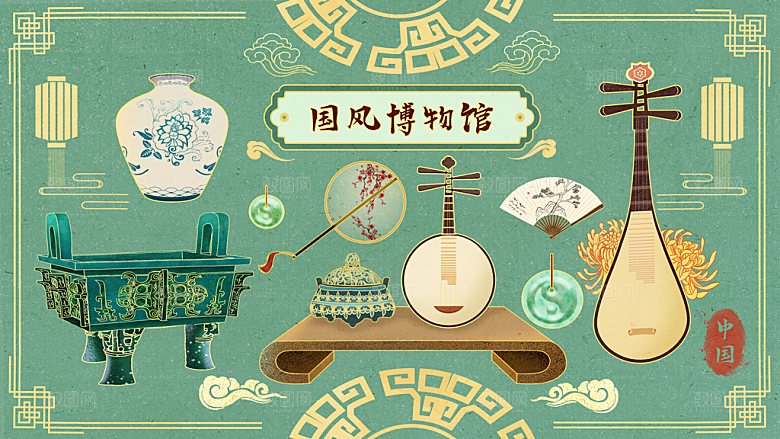 国潮静物复古山水琵琶乐器国风线性场景海报