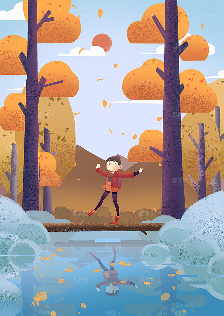 秋天卡通秋季落叶插画风景