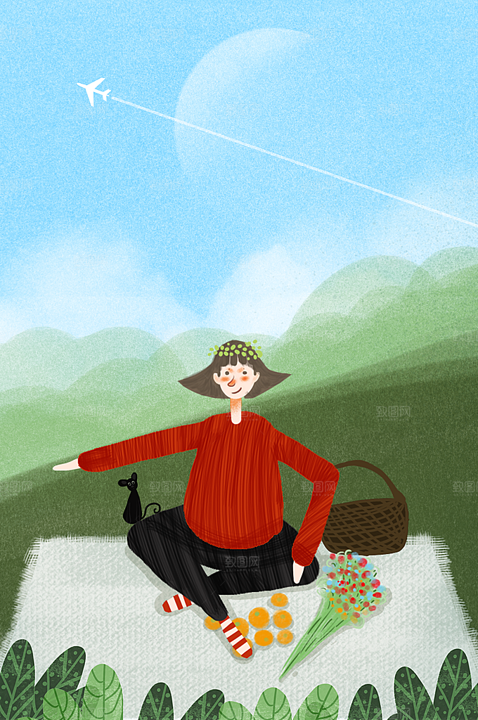 卡通手绘你好四月春季踏青郊游小清新插画