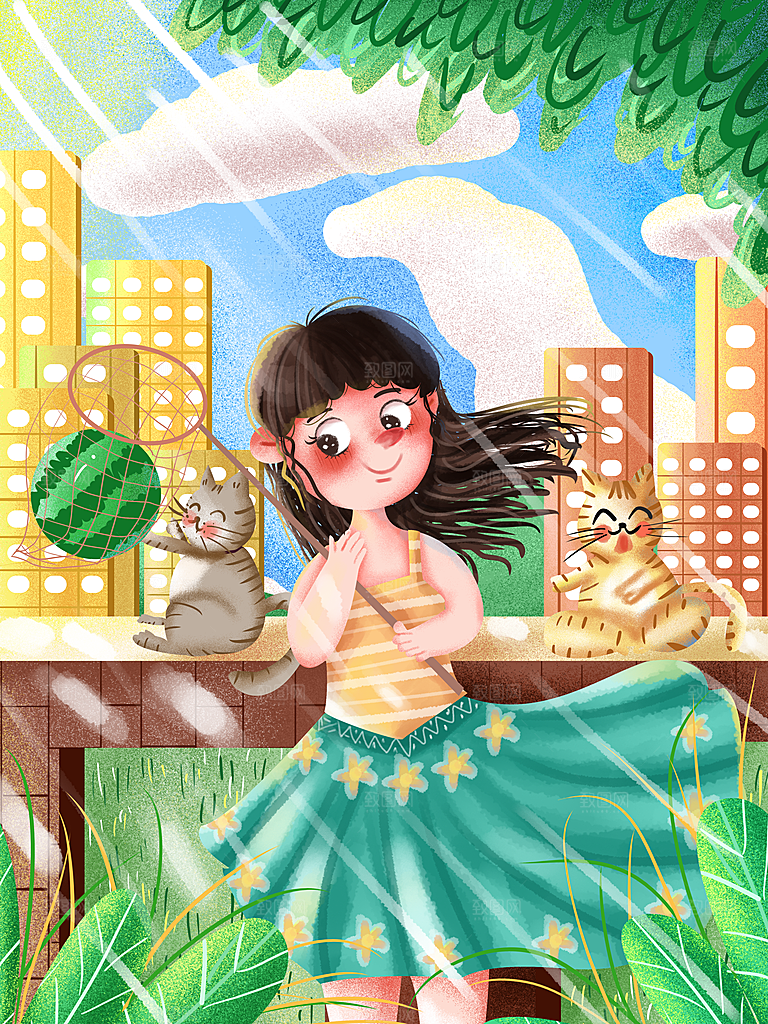 卡通手绘你好四月春季踏青郊游小清新插画