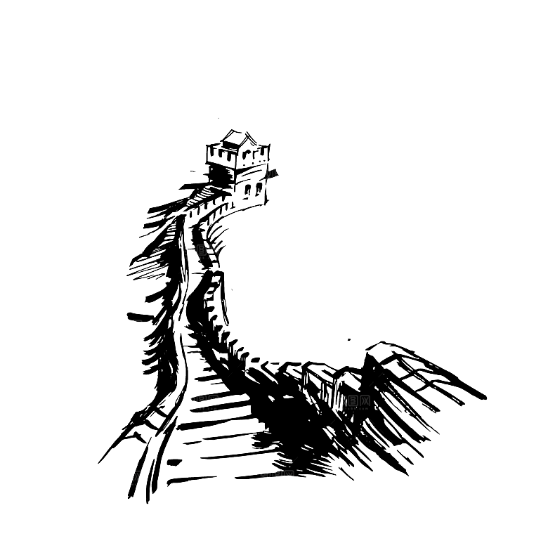 卡通线描万里长城山海嘉峪关剪影PNG素材
