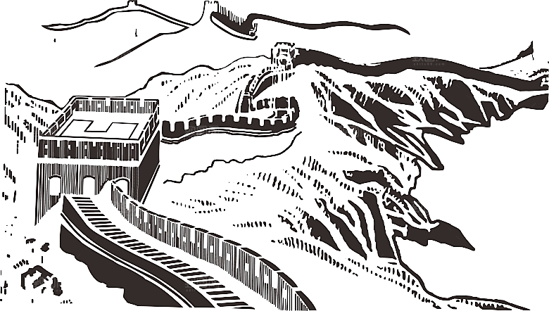 卡通线描万里长城山海嘉峪关剪影PNG素材