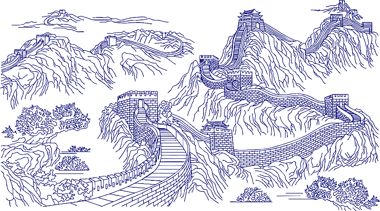 卡通线描万里长城山海嘉峪关剪影PNG