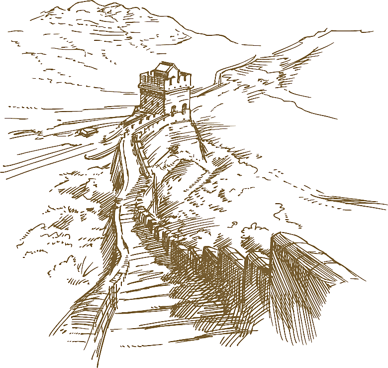 卡通线描万里长城山海嘉峪关剪影PNG