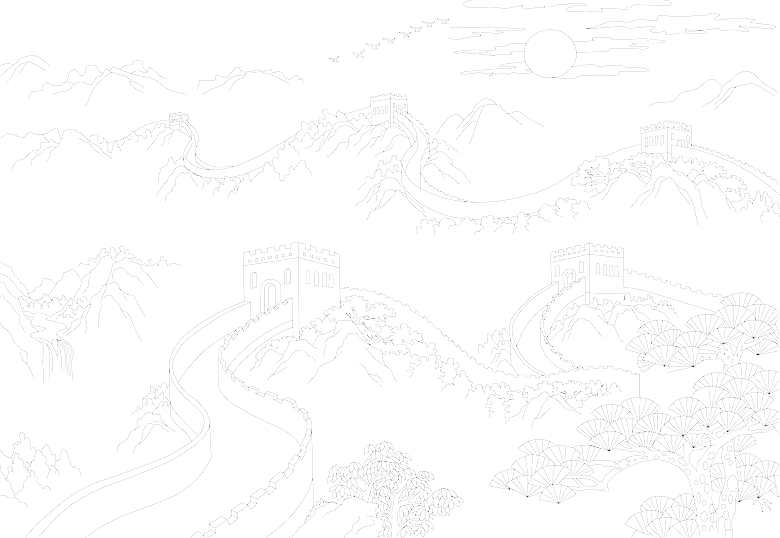 卡通线描万里长城山海嘉峪关剪影PNG