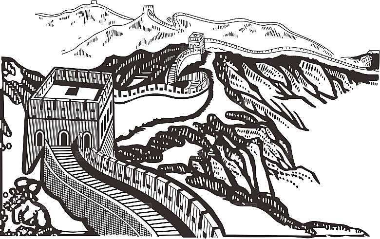卡通线描万里长城山海嘉峪关剪影PNG素材