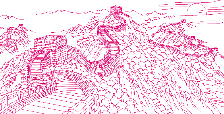 卡通线描万里长城山海嘉峪关剪影PNG素材
