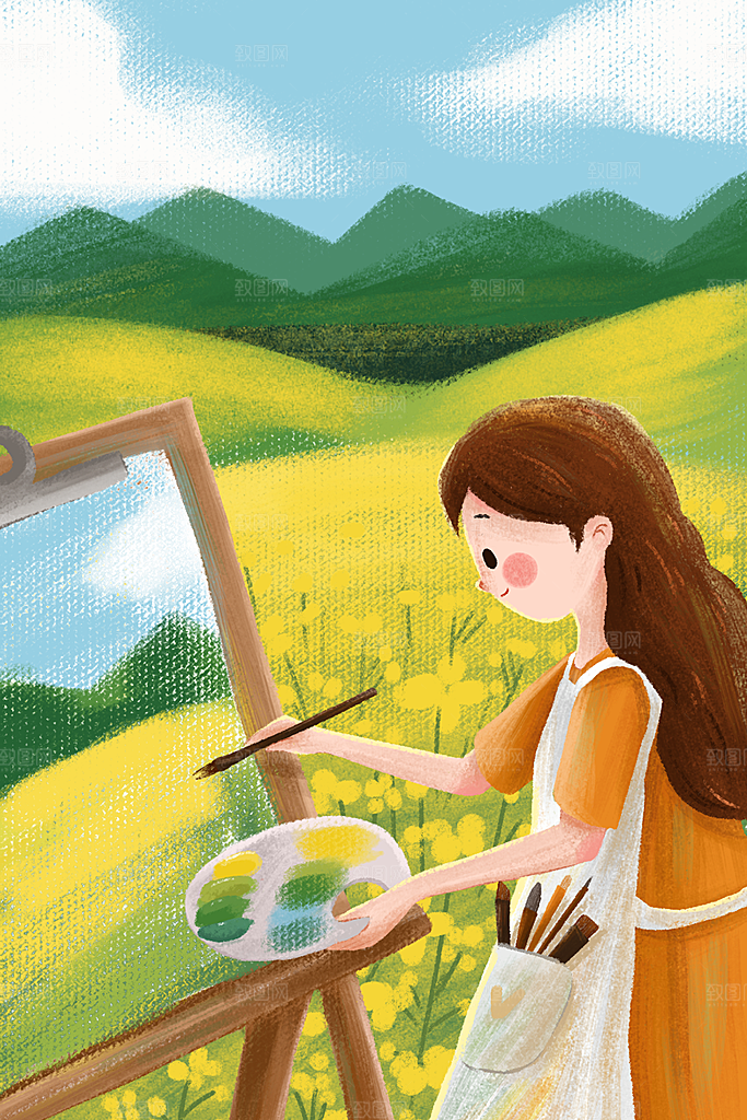 卡通手绘你好四月春季踏青郊游小清新插画