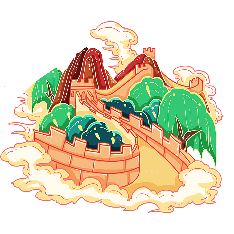 卡通线描万里长城山海嘉峪关剪影PNG素材